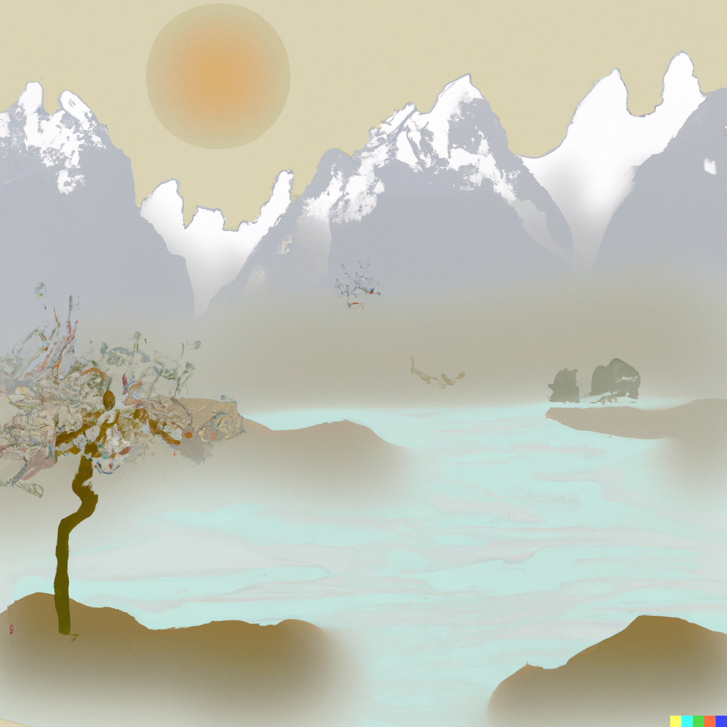 DALL·E 2022 08 30 19.57.03 A zen style painting of mountains water and trees