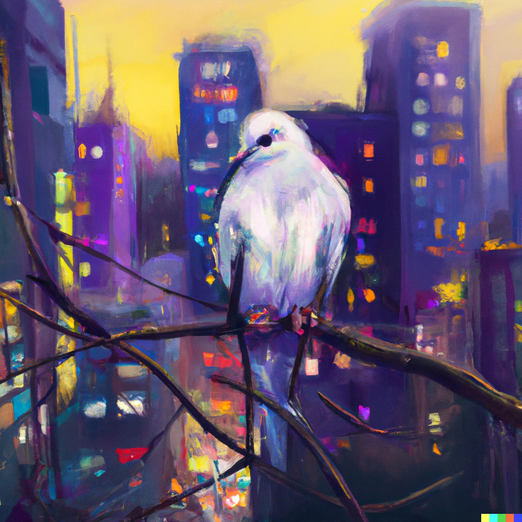 DALL·E 2022 08 30 19.58.05 The bird is perched atop a tree its calm demeanor belying the hustle and bustle of the city below. It gazes down at the people and cars rushing by i